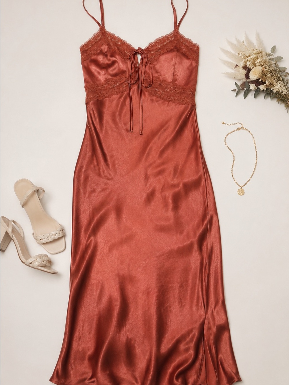 Bailey Rose Satin Slip Dress Copper Lace Slip Dress SZ Small